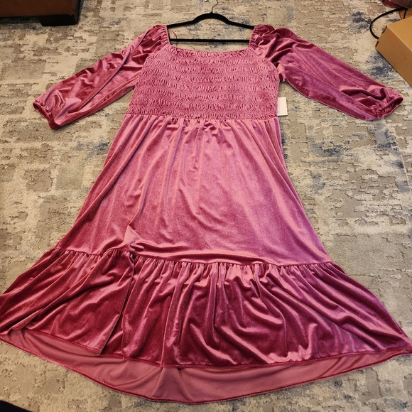NWT Lauren Conrad Velvet Smocked Bodice Midi Dress Wine Pink Red XXL - Picture 7 of 13